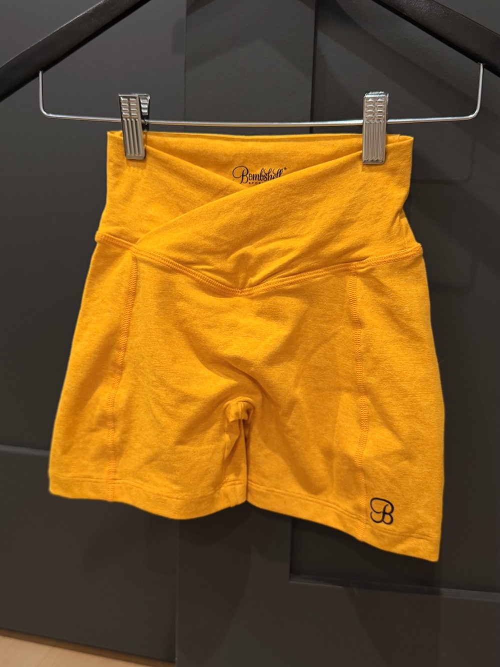 Bombshell Sportswear Yellow High-Rise Bike Shorts with Cross Waistband